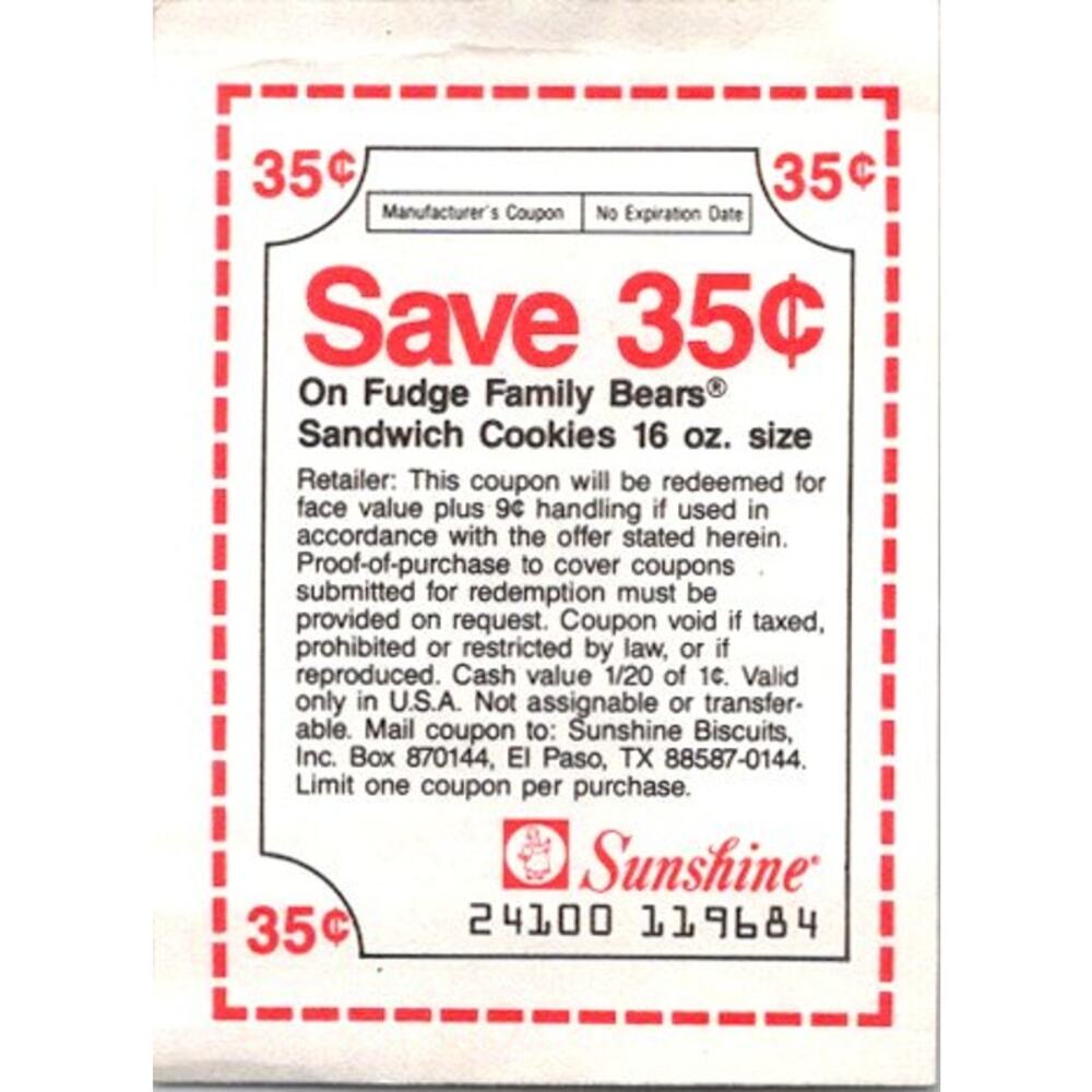 Save 35¢ On Fudge Family Bears Sandwich Cookies El Paso TX 1980s Coupon SAI1-M7